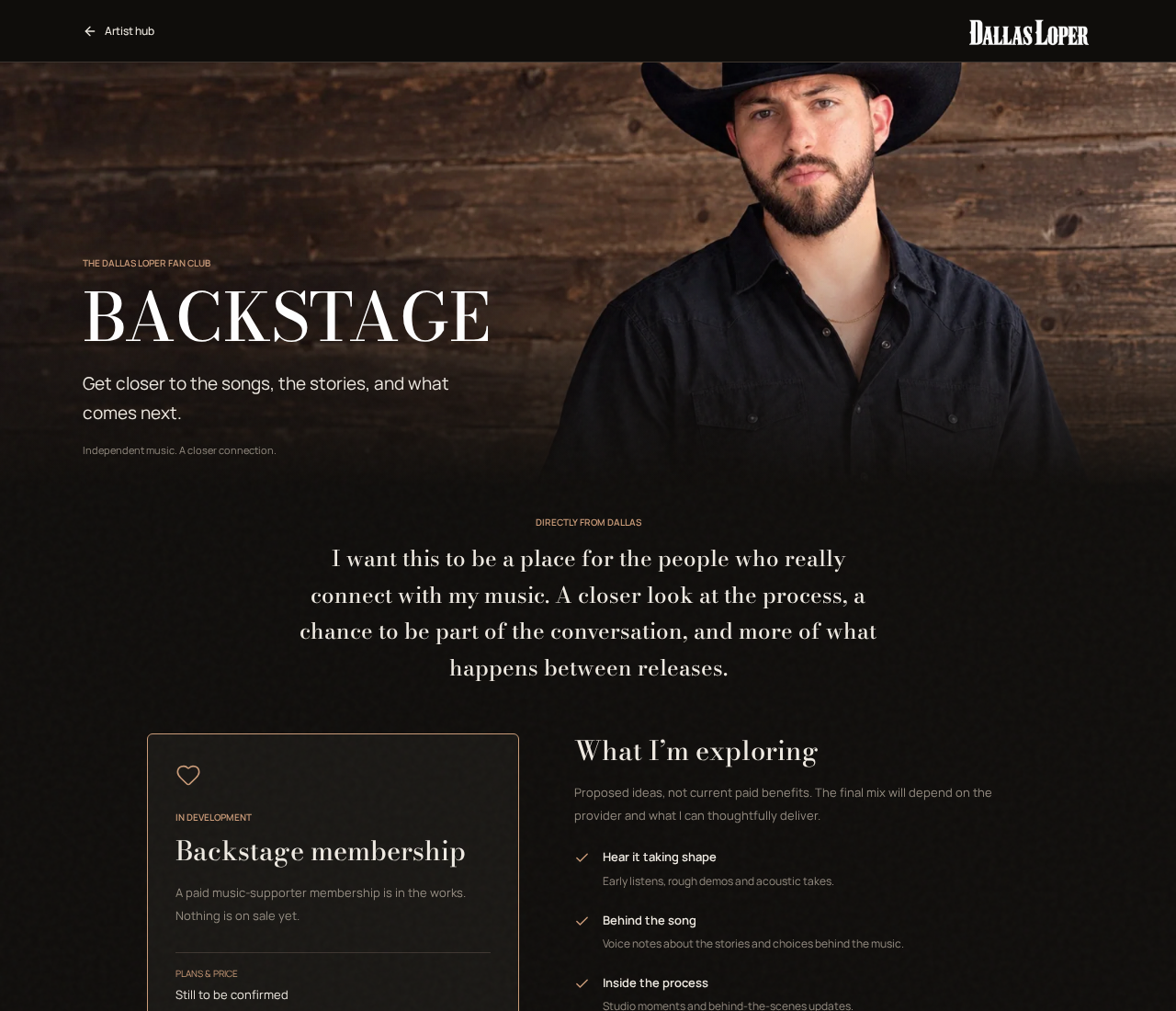 Current unpublished Dallas Loper Backstage design capture: founder portrait, membership marked In development with plans and price still to be confirmed, and proposed supporter benefits.