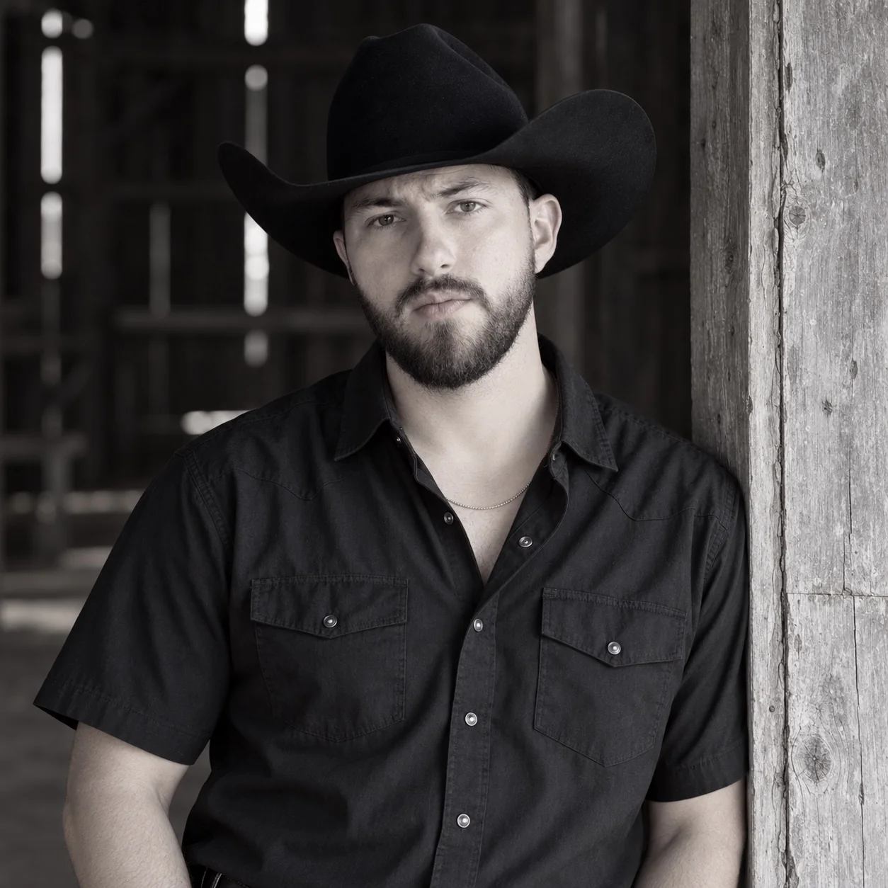 Dallas Loper in a black cowboy hat beside a weathered barn wall, photographed in black and white.
